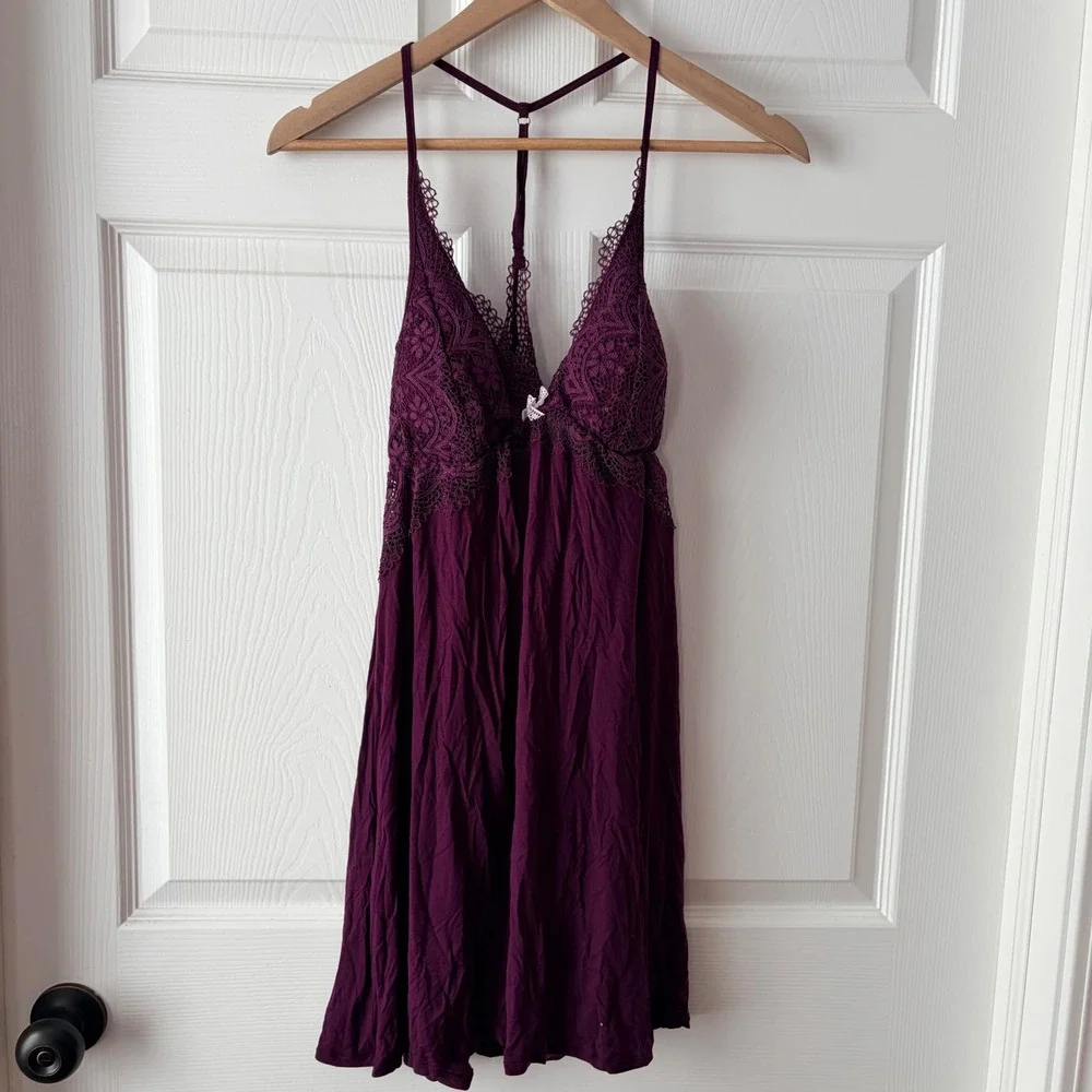 Victorias Secret Lace Trim Babydoll Chemise Nightgown Purple Large NEW - Picture 1 of 10